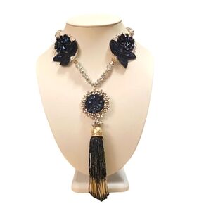 Vintage Otoman Style Black Long Tassel & Crystals Necklace.